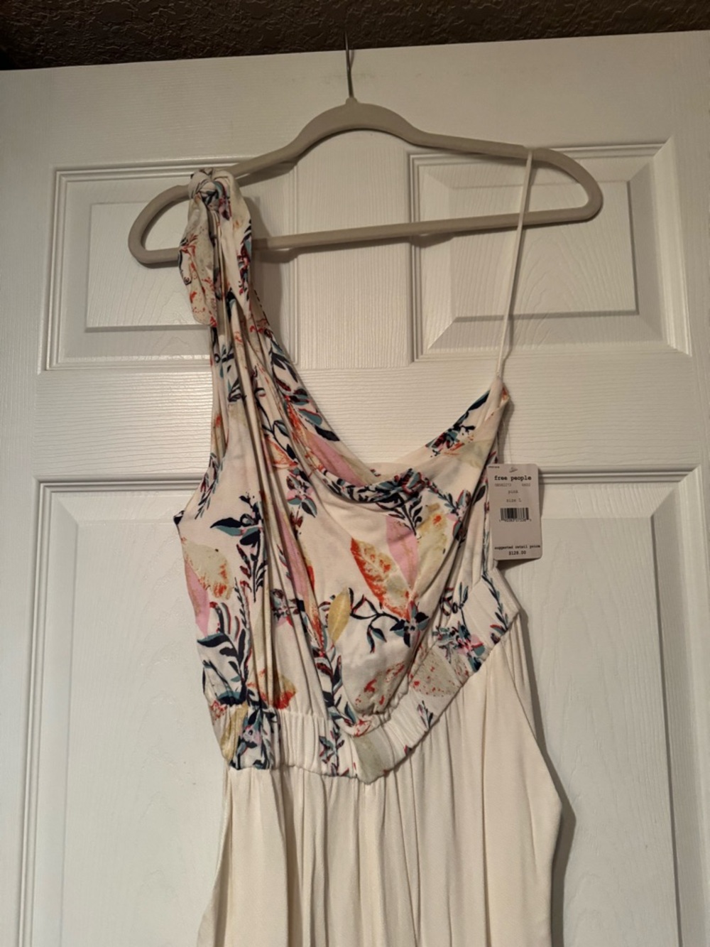 NWT Free People Sz Large Island Cream One-Shoulder Jumpsuit w/ Floral Design - Picture 7 of 11